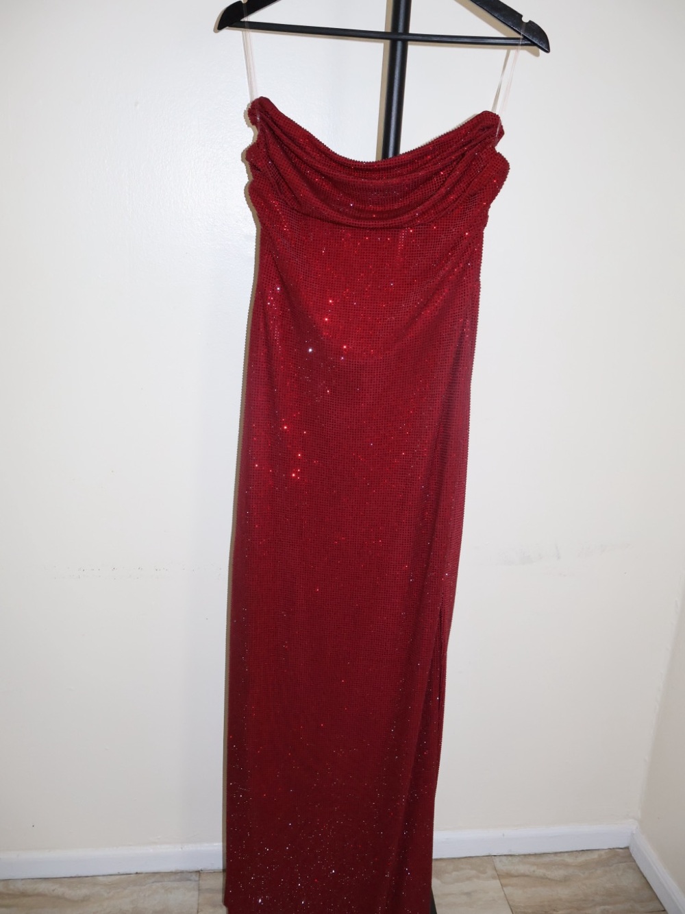 Strapless Red Sequin Cowl Neck Gown